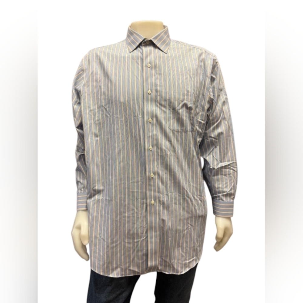 Brooks Brothers Button Down Striped Blue/White/Yellow Size 17 1/2 - 34 EUC